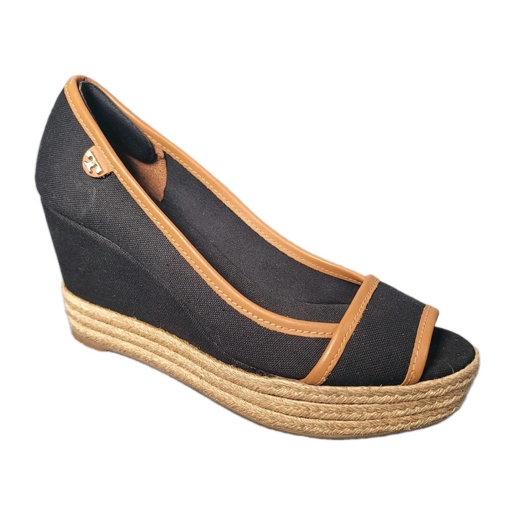 Tory Burch Majorca Wedge Shoes Heel Black Tan Peep Toe Women Size 7 Sandals